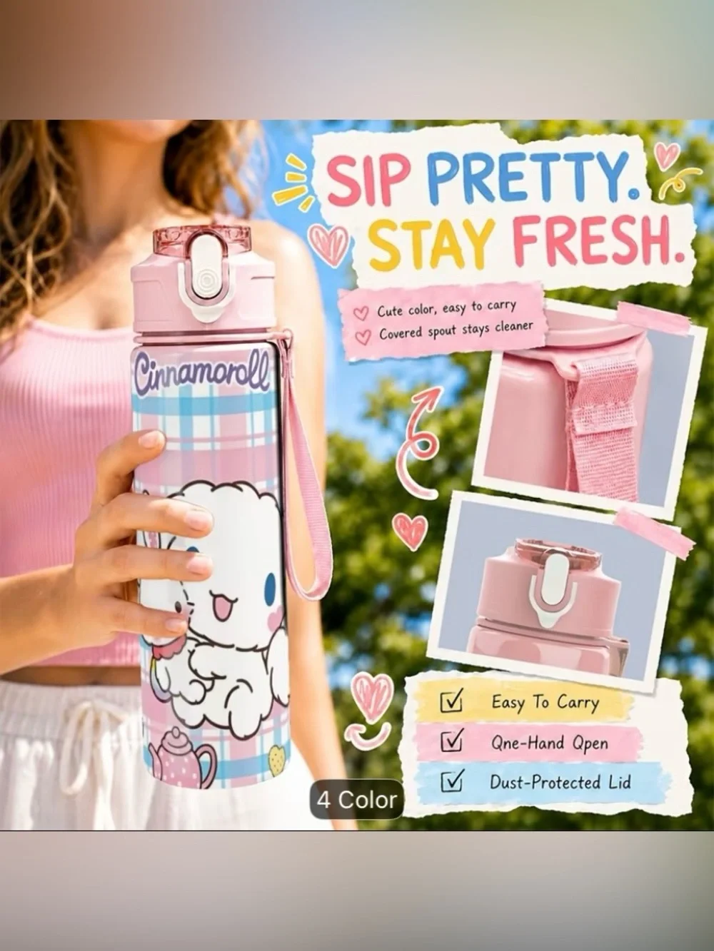 Sanrio Cinnamoroll Cyan and Pink Travel Water Bottle with Strap